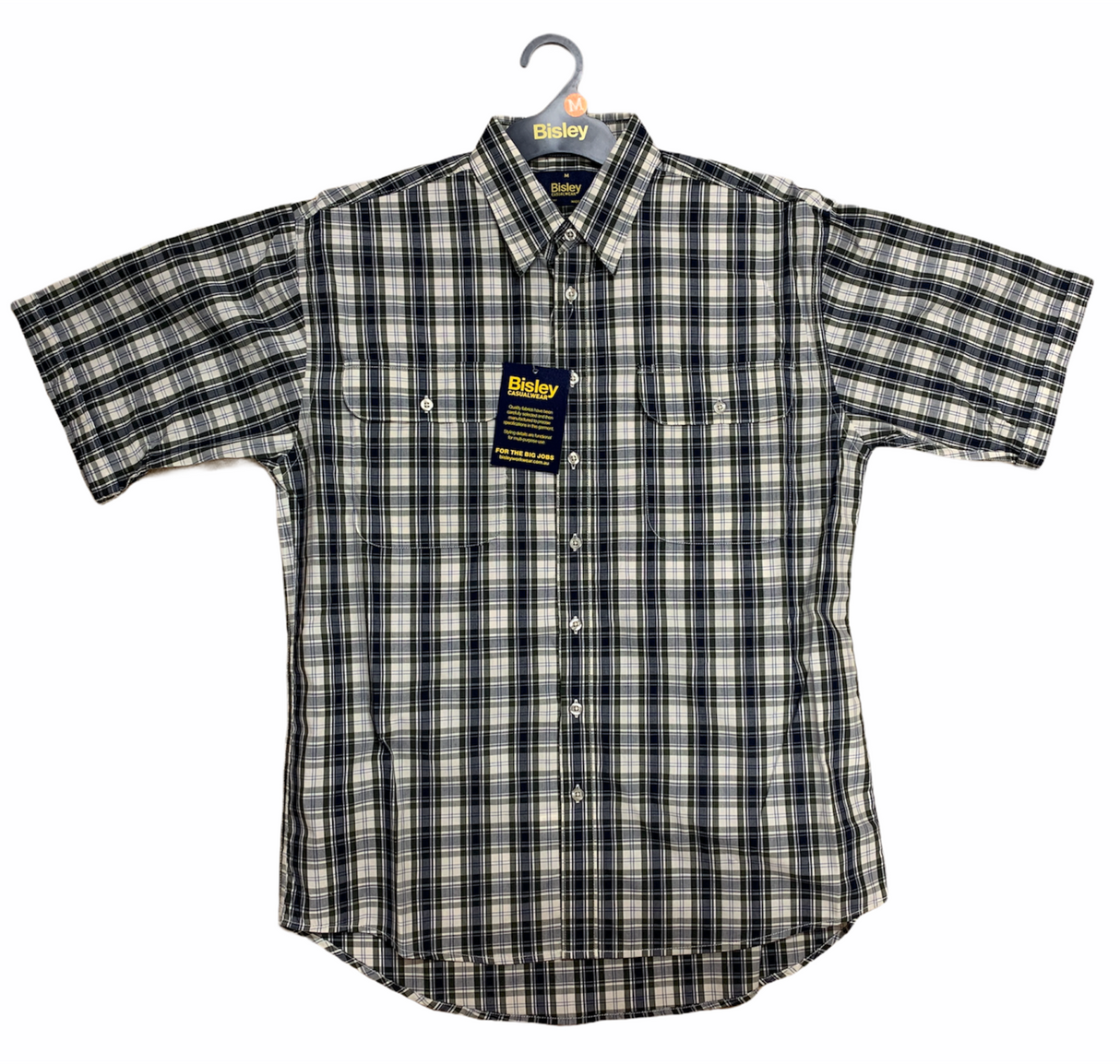 Bisley Mens Short Sleeve Check Shirt Checkered Cotton Blend Casual Business Work - Olive