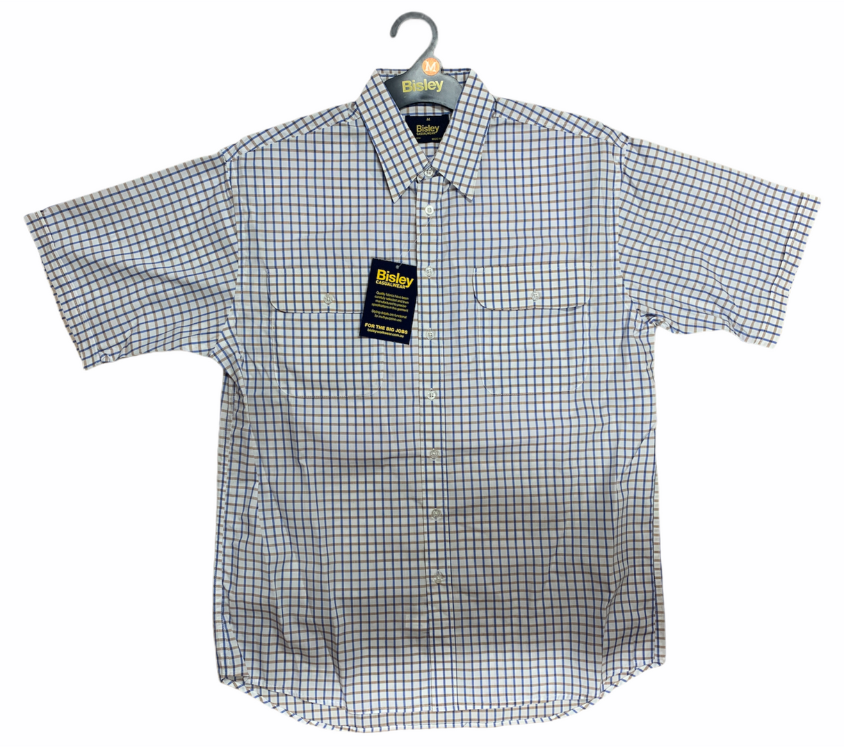 Bisley Mens Short Sleeve Check Shirt Checkered Cotton Blend Casual Business Work - Beige