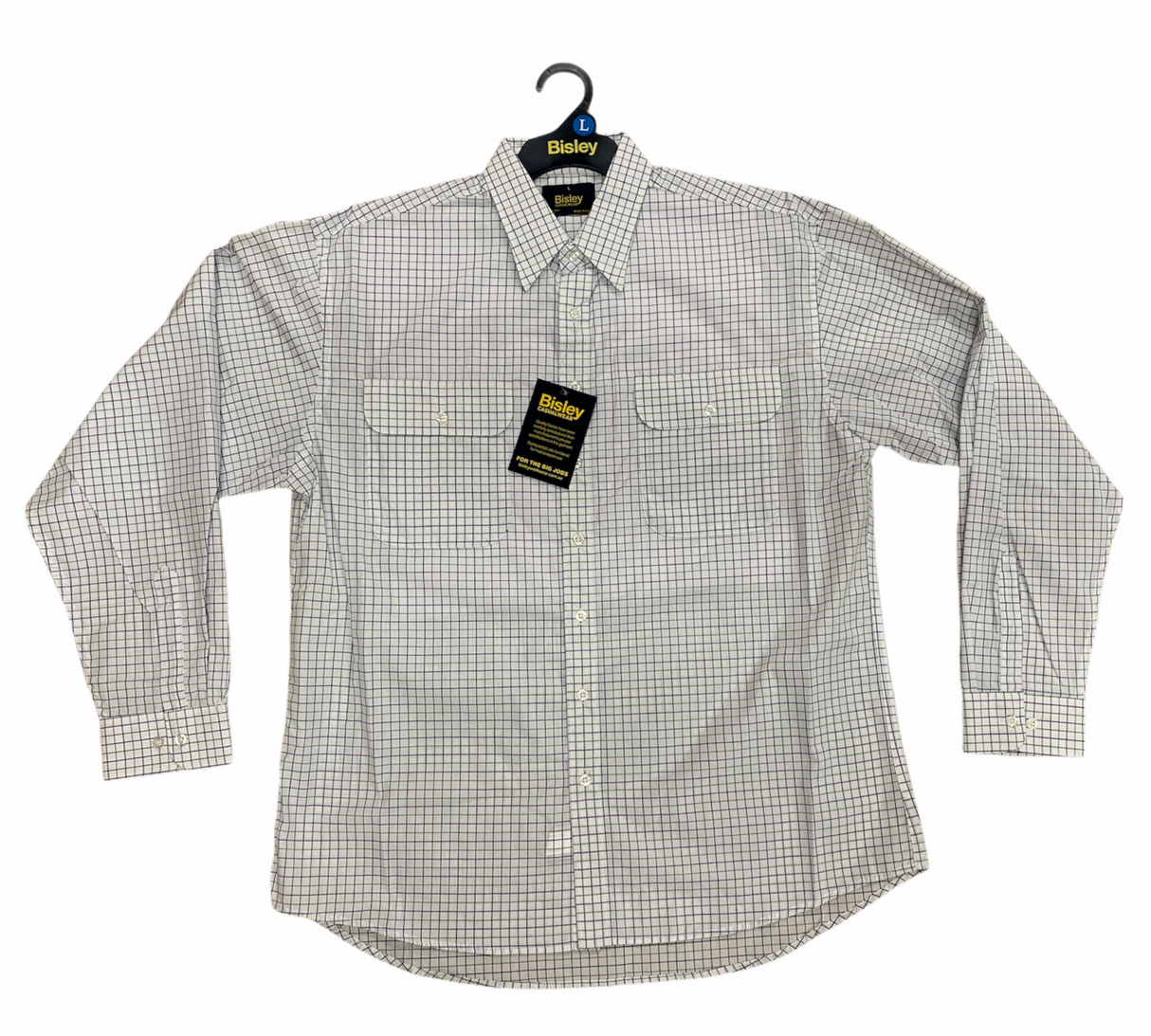 Bisley Mens Long Sleeve Check Shirt Checkered Cotton Blend Casual Business Work - White/Green