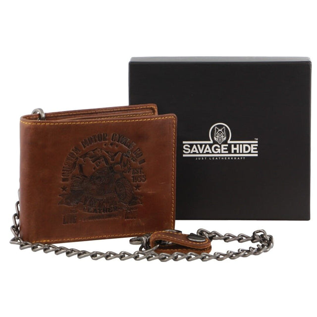 Billy The Kid Mens Leather Wallet Western with Detachable Chain in Gift Box in Cognac