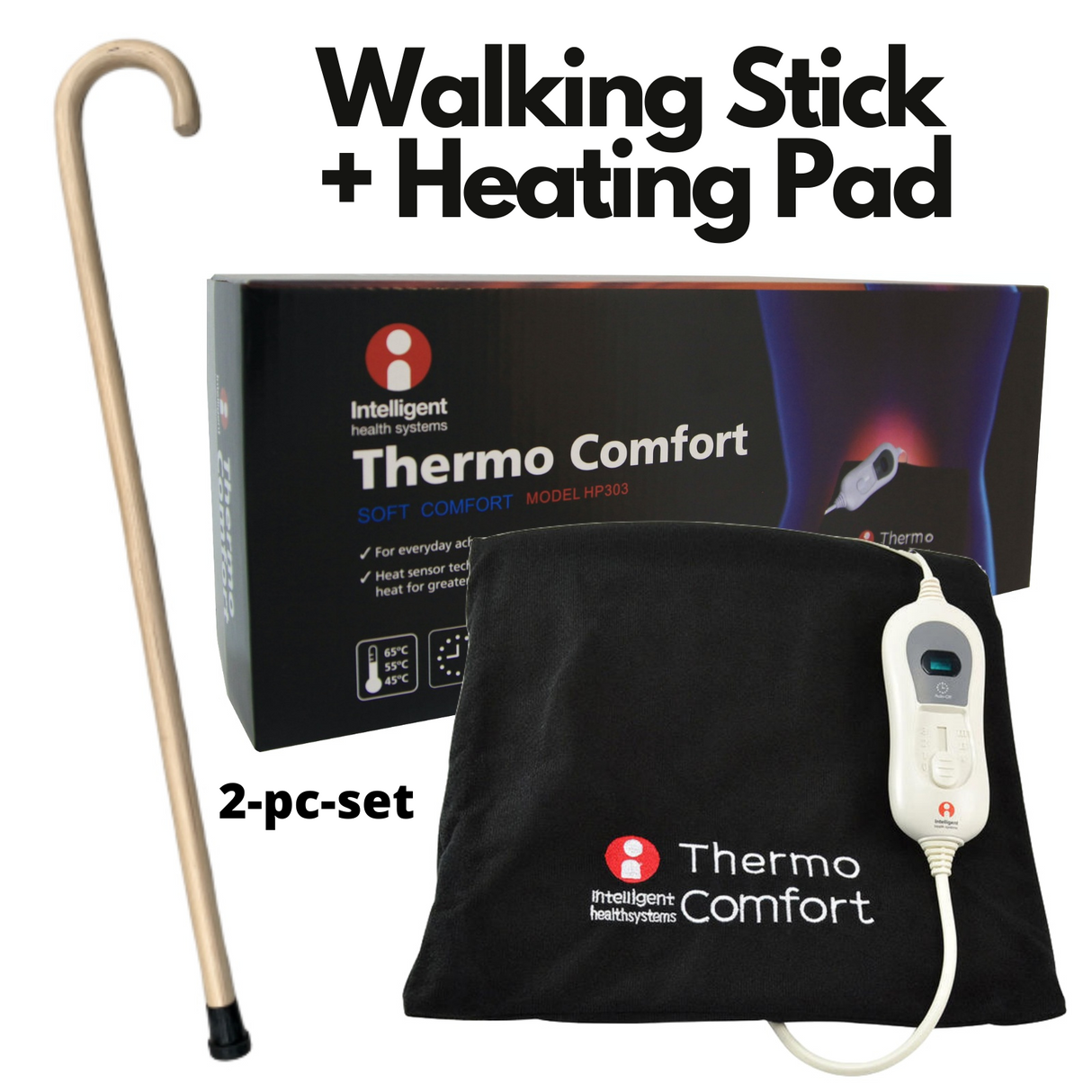 2pc Set 93cm Wooden Walking Stick Cane + Thermo Comfort Heat Pad Electric Relief