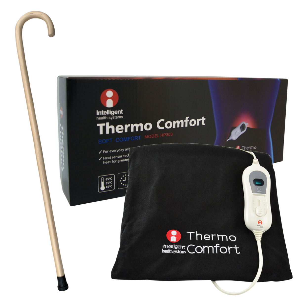 2pc Set 93cm Wooden Walking Stick Cane + Thermo Comfort Heat Pad Electric Relief