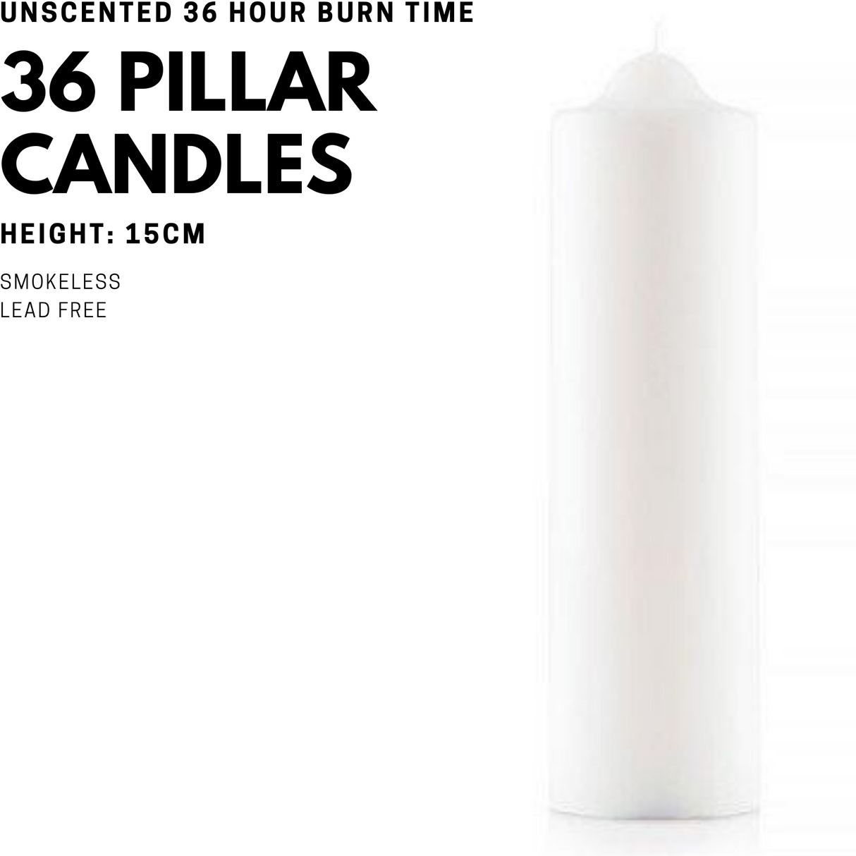 36x Premium Church Candle Pillar Candles White Unscented Lead Free 36Hrs - 5*15cm