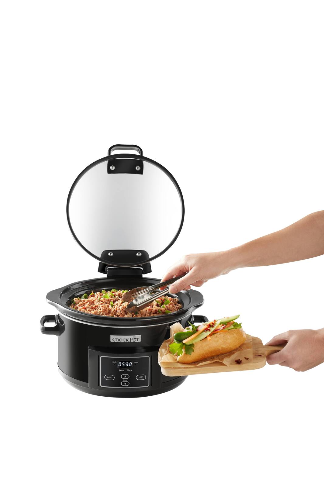 Crock Pot Slow Cooker 4.7L Hinged Lid Food Pressure Kitchen Auto Keep Warm - Black