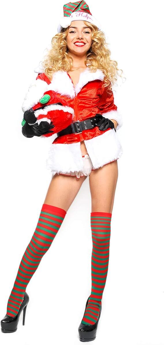 Christmas Over The Knee Socks Red Green Xmas Candy Cane Striped Socks Elf