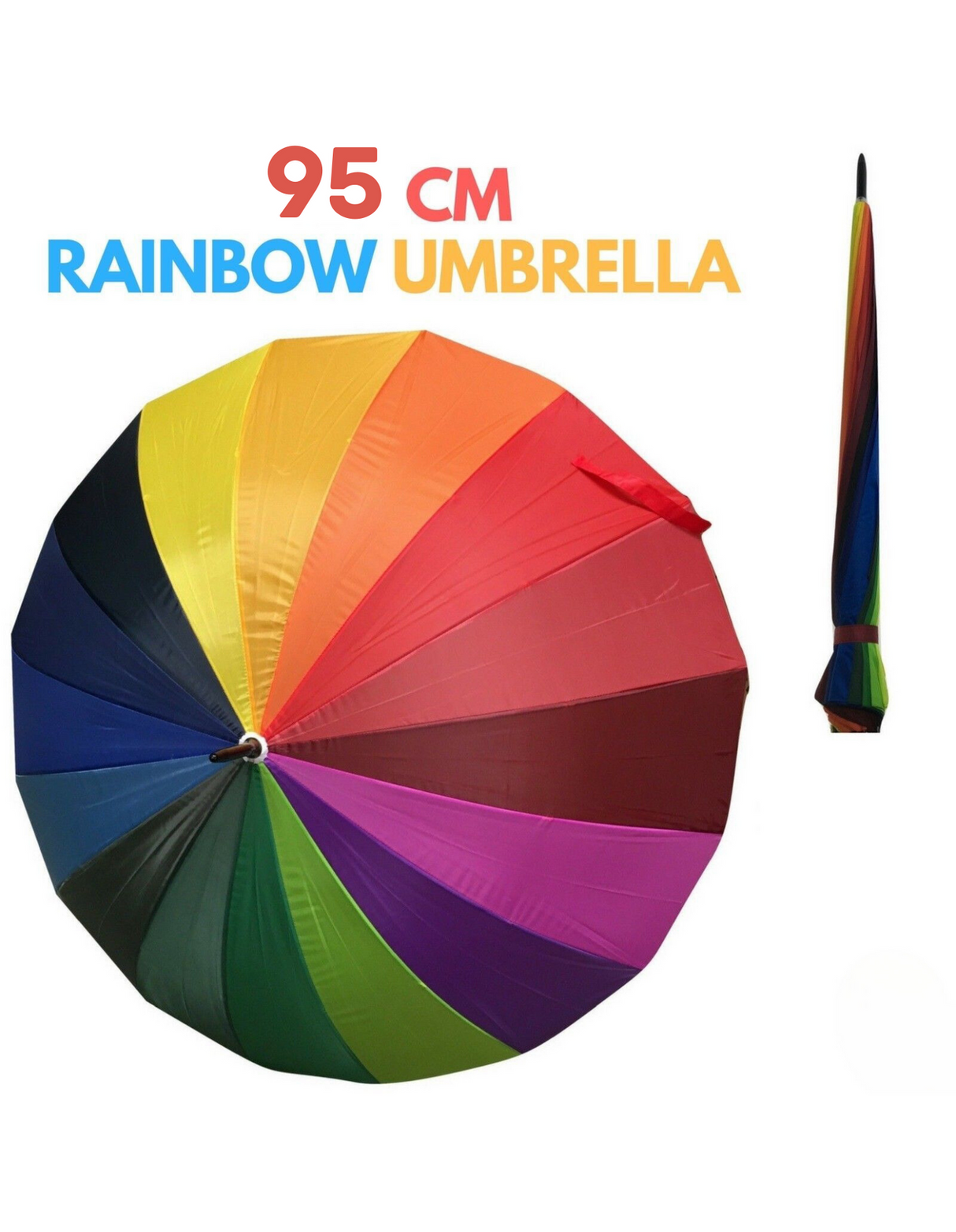 95cm Diameter RAINBOW UMBRELLA Rain Sun Colourful Parasol Long Shaft