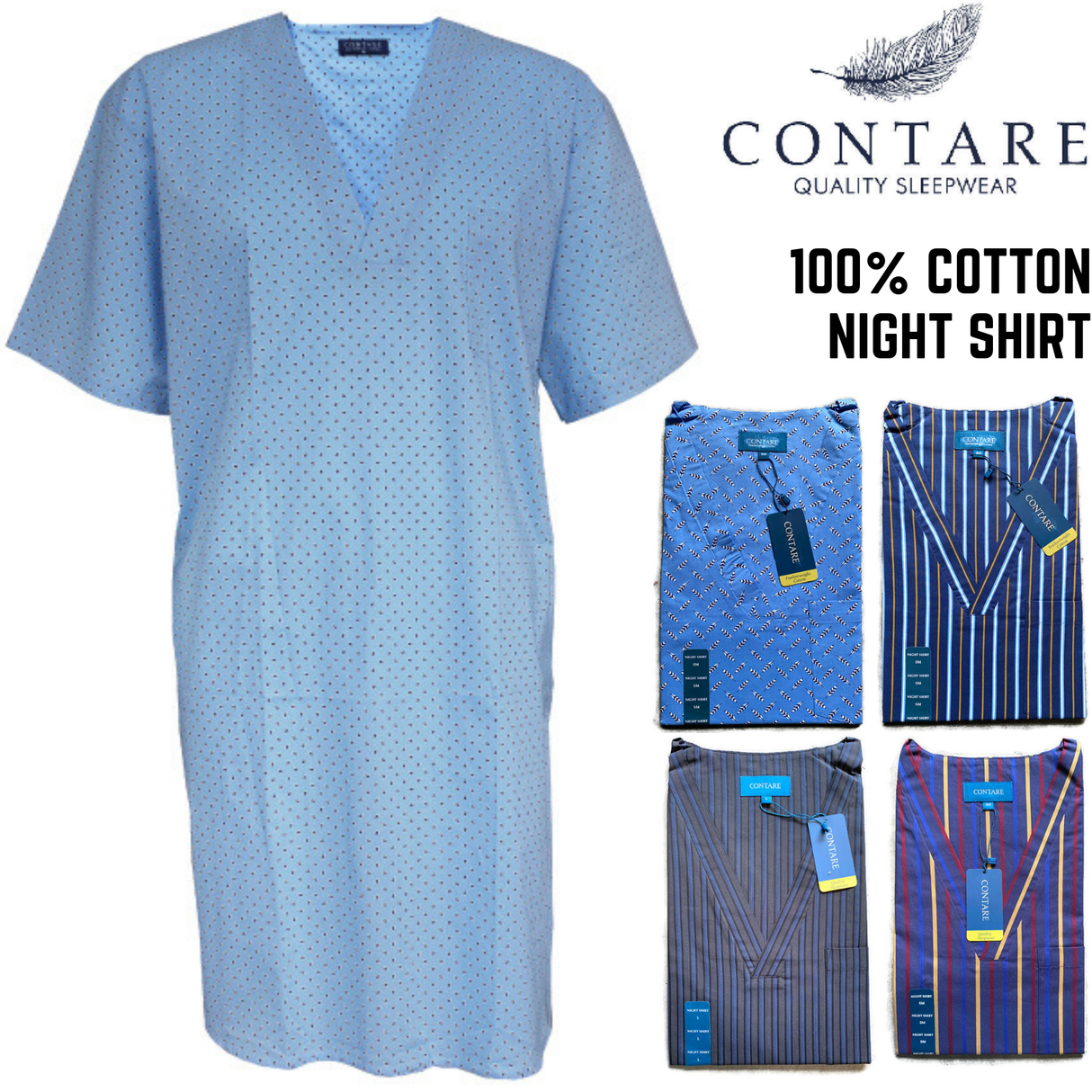 Contare V-Neck Mens Night Shirt 100% Cotton Pyjamas PJs Sleepwear Nightie Gown