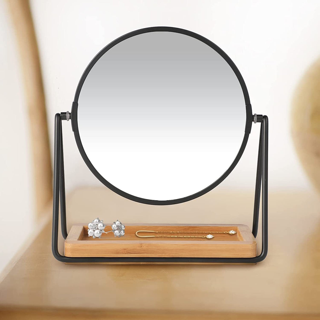 Clevinger Milan Round Vanity Mirror with Bamboo Tray Black LED Illuminated