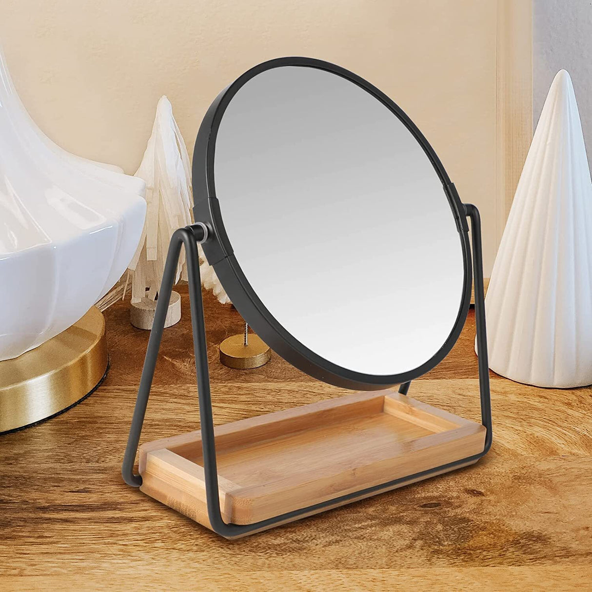 Clevinger Milan Round Vanity Mirror with Bamboo Tray Black LED Illuminated