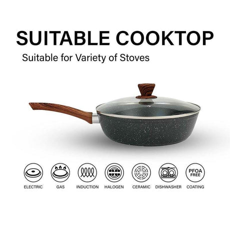 28cm Marble Non-Stick Sautepan Frypan Wok w/Lid Cookware Kitchen