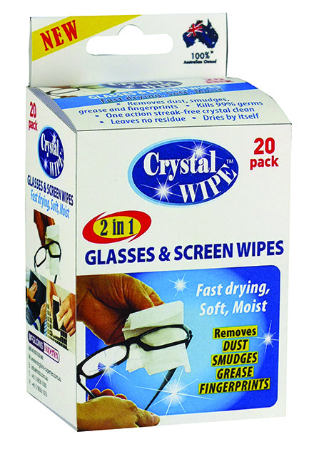 Crystal Wipes Glasses & Screen Wipes Soft Microfibre Lens Cleaner Cloth Watch - 20 Pack