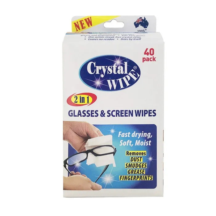 Crystal Wipes Glasses & Screen Wipes Soft Microfibre Lens Cleaner Cloth Watch - 40 Pack