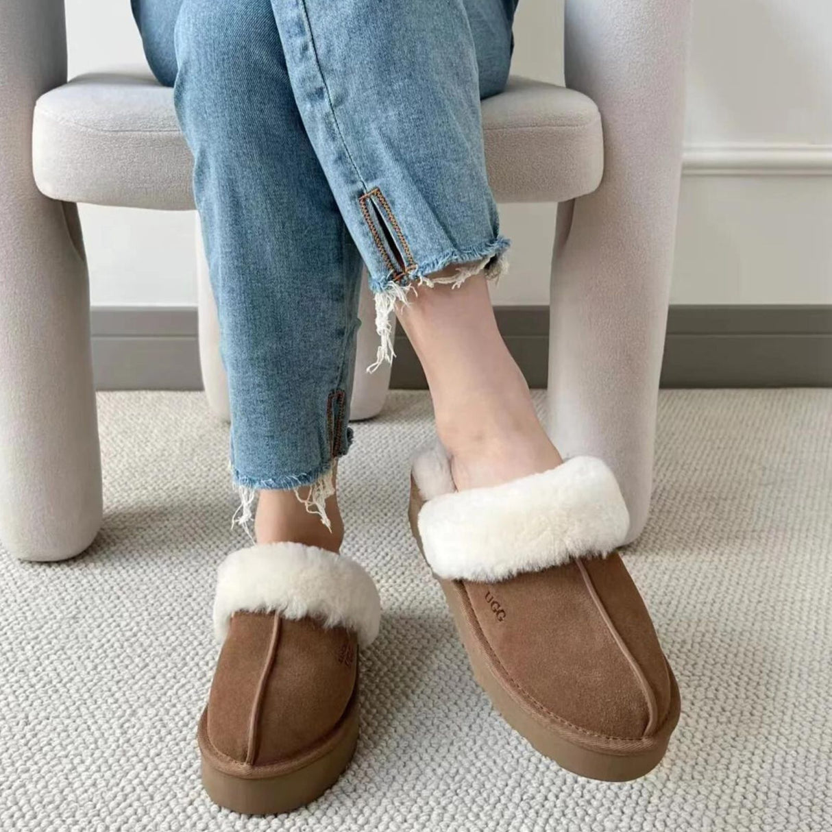 100% Australian Merino Sheepskin Womens Platform Scuffs Moccasins Slippers Winter Slip On UGG in Chestnut