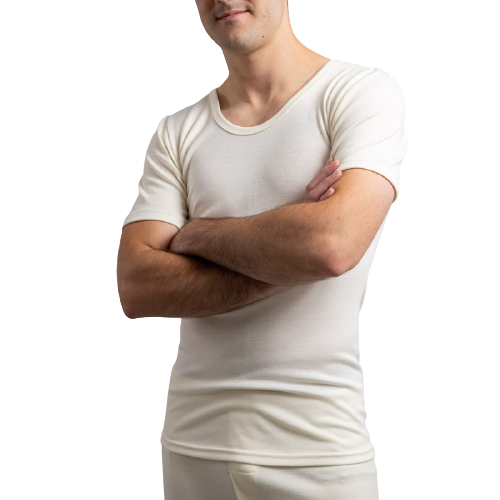 Mens Merino Wool Blend Short Sleeve Thermal Top Underwear Thermals Base Layer - Natural