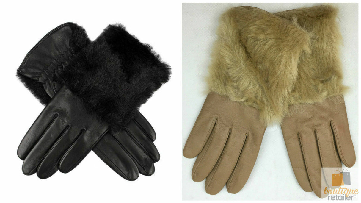 DENTS Womens Hair Sheep Leather Gloves Faux Fur Piped Cuff Elasticised 7-2383