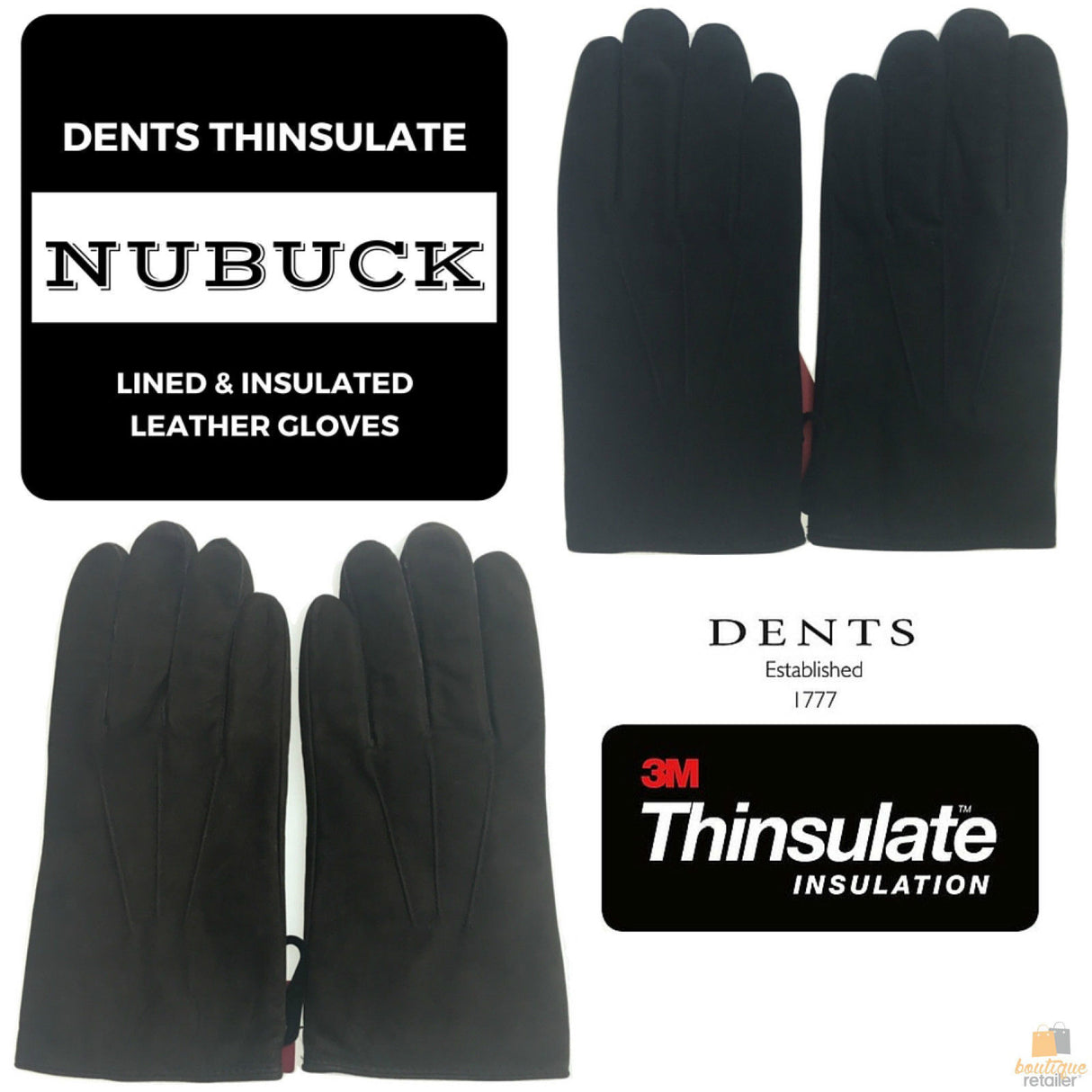 DENTS Mens Thinsulate Handsewn Nubuck Leather Gloves Lined Insulated - Brown - Large