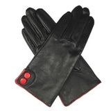 DENTS Ladies Kangaroo Leather Gloves Button Cuff Silk Lining - Black/Red