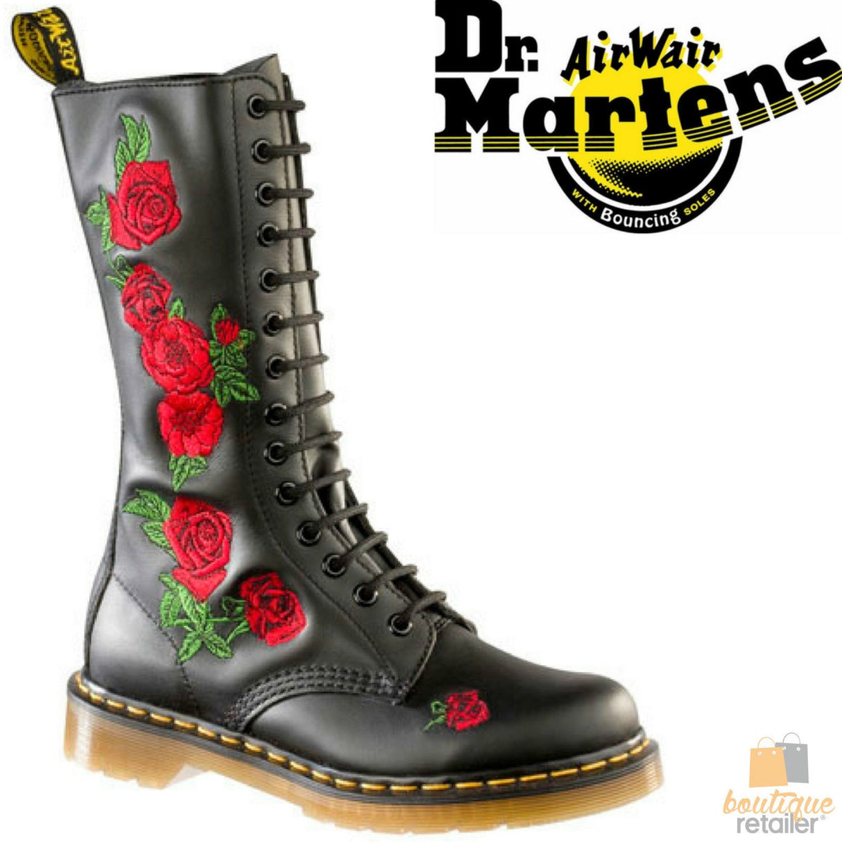 Dr. Martens Vonda 14 Eye Genuine Leather Boots Lace Up Shoes Floral Embroidered 1914