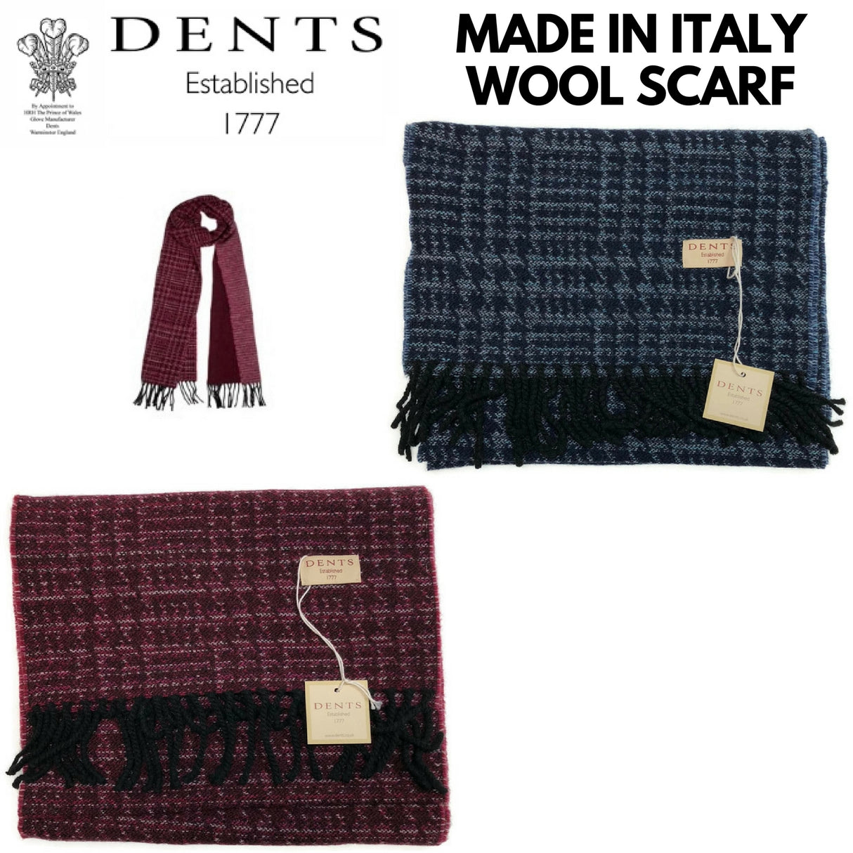 DENTS Woven Dogtooth Pattern Scarf Wool Blend Warm Winter MADE IN ITALY