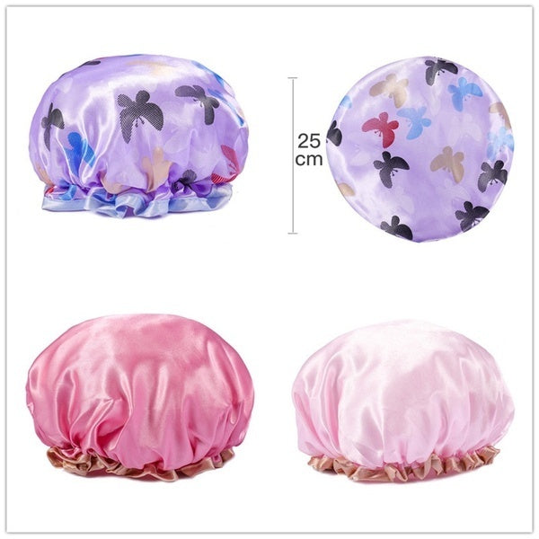 Womens Double-Layer Waterproof Shower Cap Reusable Hat Bath Hair Treatment