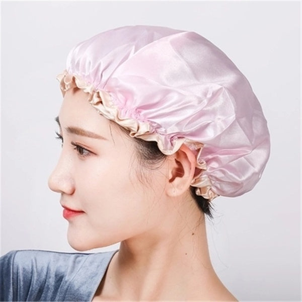 Womens Double-Layer Waterproof Shower Cap Reusable Hat Bath Hair Treatment