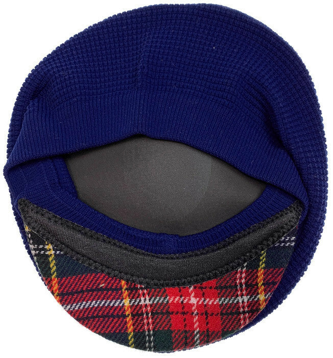 English Stretch Tweed Hat Flat Driving Cap Scottish Tartan Tamoshanta UK Made - Navy/Red