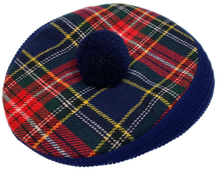 English Stretch Tweed Hat Flat Driving Cap Scottish Tartan Tamoshanta UK Made - Navy/Red