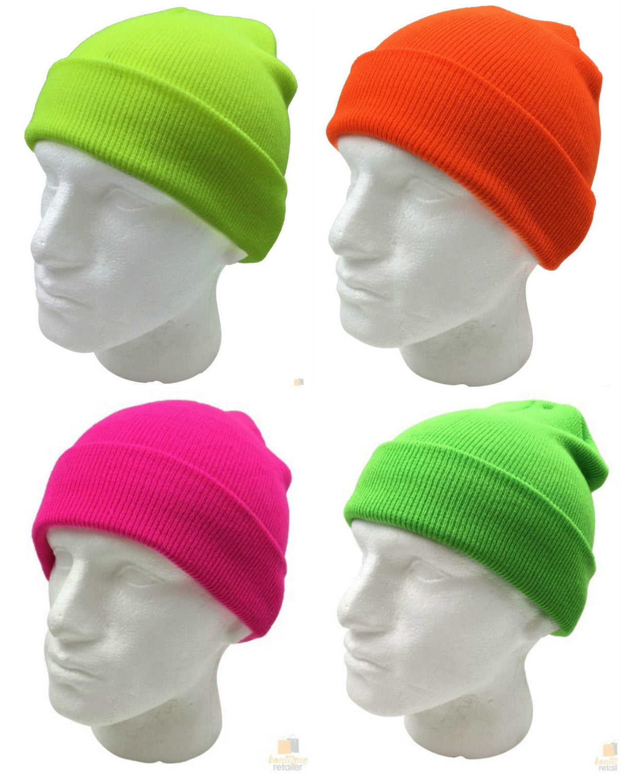 PLAIN FLURO BEANIE Hi Vis Unisex Winter Warm Hat Ski Party Costume Cap Knit