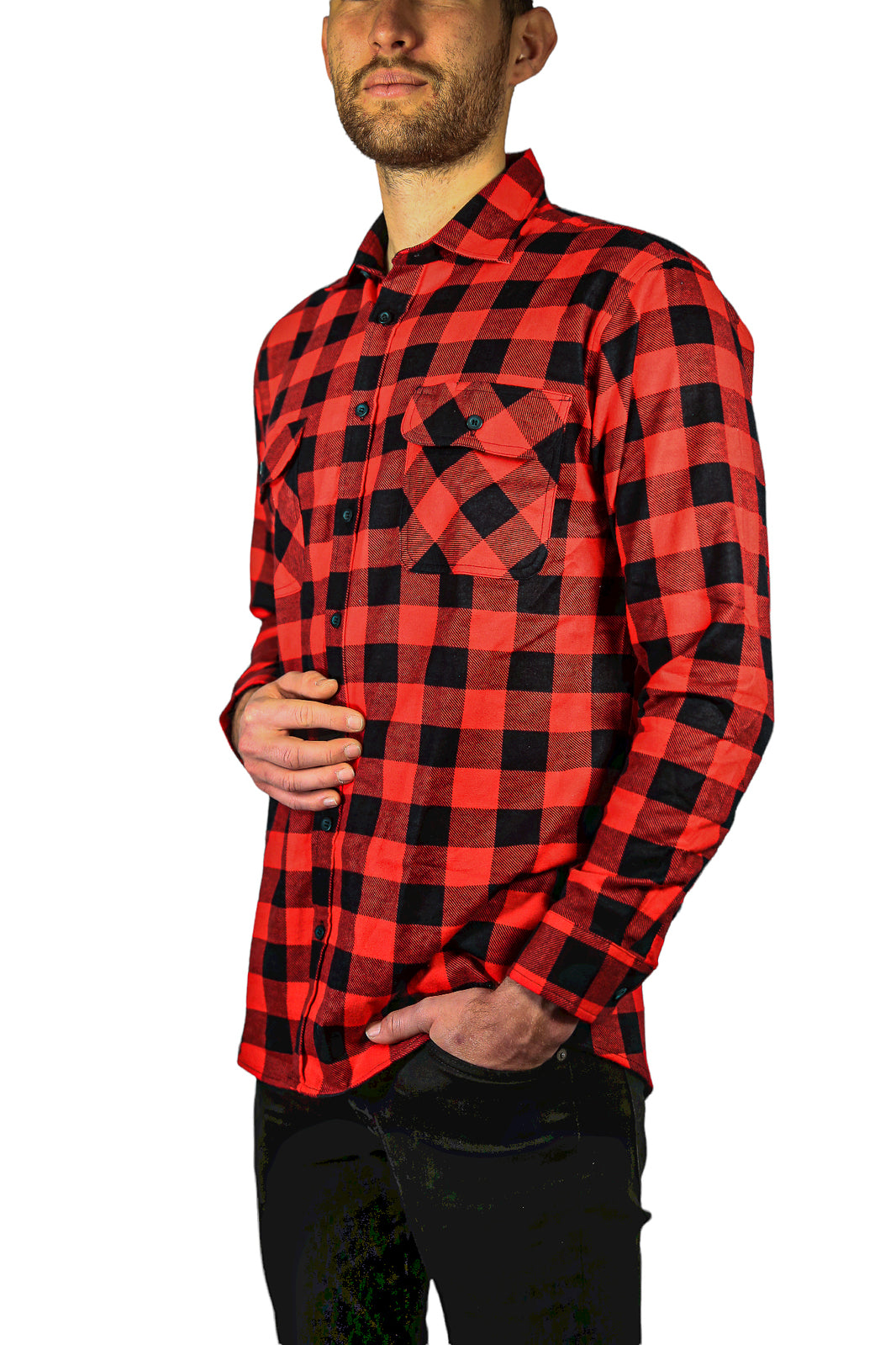 Mens 100% Cotton Flannelette Shirt Long Sleeve Check Authentic Flannel - Red/Black