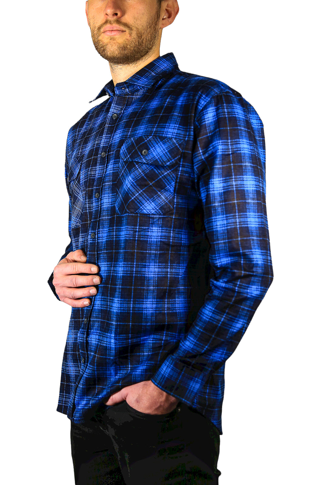 Mens 100% Cotton Flannelette Shirt Long Sleeve Check Authentic Flannel - Blue