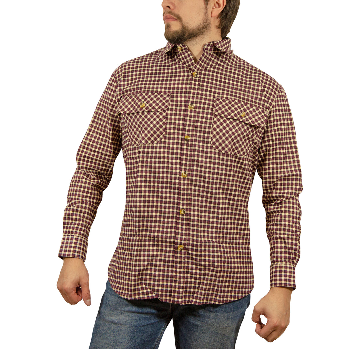 Mens Long Sleeve Flannelette Shirt 100% Cotton Flannel - Burgundy Check