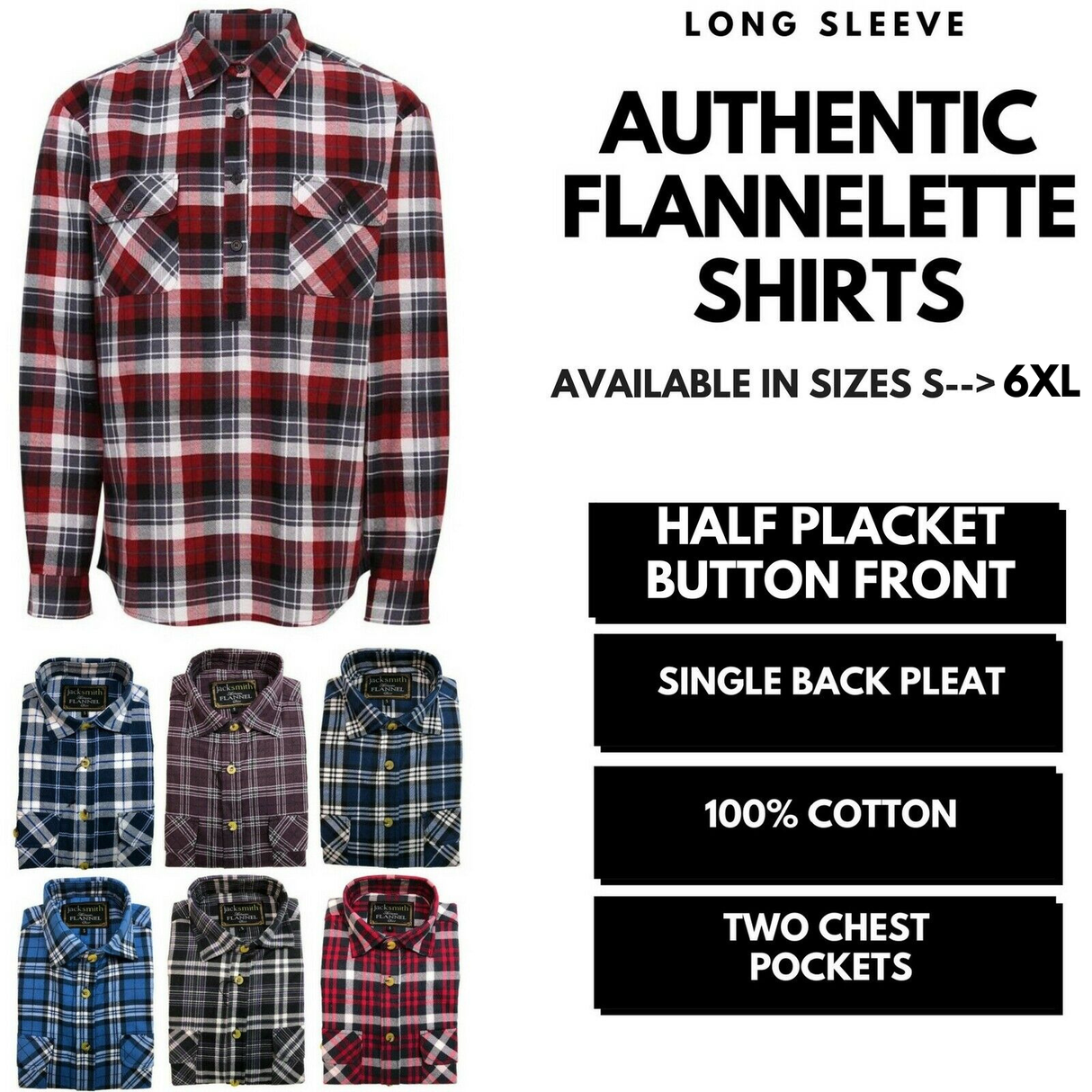 Mens Half Placket Flannelette Long Sleeve Pullover Shirt 100% Cotton Check Authentic Flannel