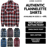 Mens Half Placket Flannelette Long Sleeve Pullover Shirt 100% Cotton Check Authentic Flannel