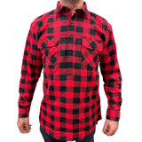 Mens Flannelette Long Sleeve Pullover Shirt 100% Cotton Flannel - Half Placket - Red/Black