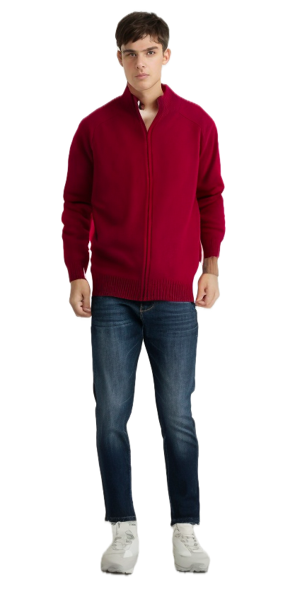 Full Zip 100% SHETLAND WOOL Up Knit JUMPER Pullover Mens Sweater Knitted - Red