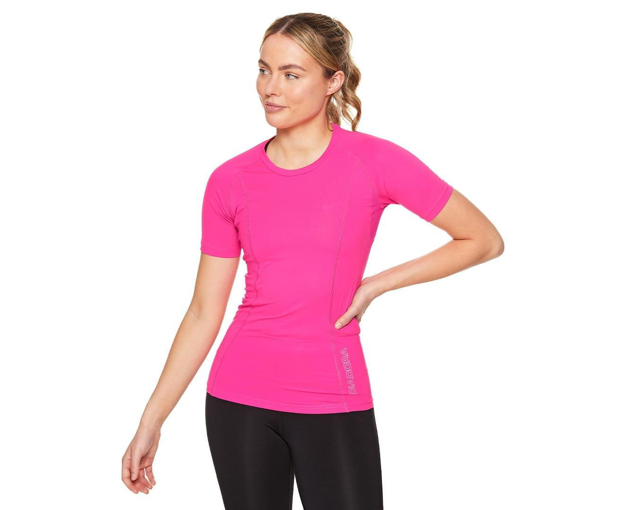 DIADORA Ladies Compression Short Sleeve Top Fitness Gym Yoga - Pink