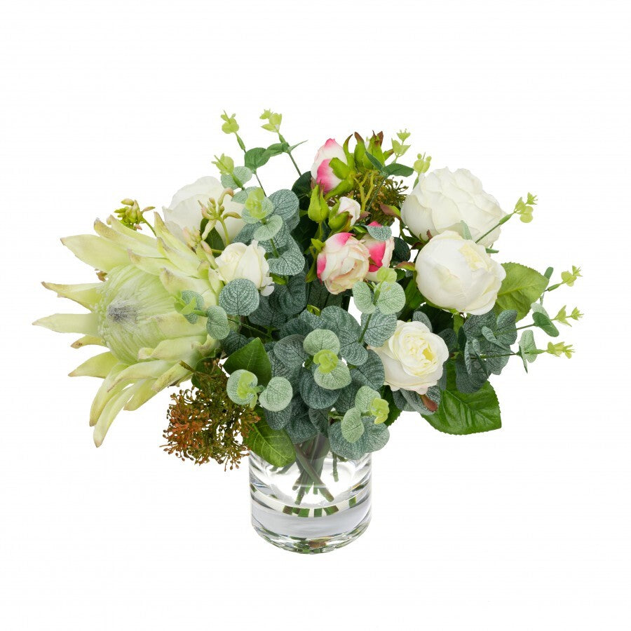 40cm Protea & Rose Mixed Artificial Flower Plant Bunch Arrangement in Glass