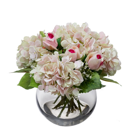 28cm Hydrangea Arrangement in Fish Bowl Artificial Flower Plant Decor