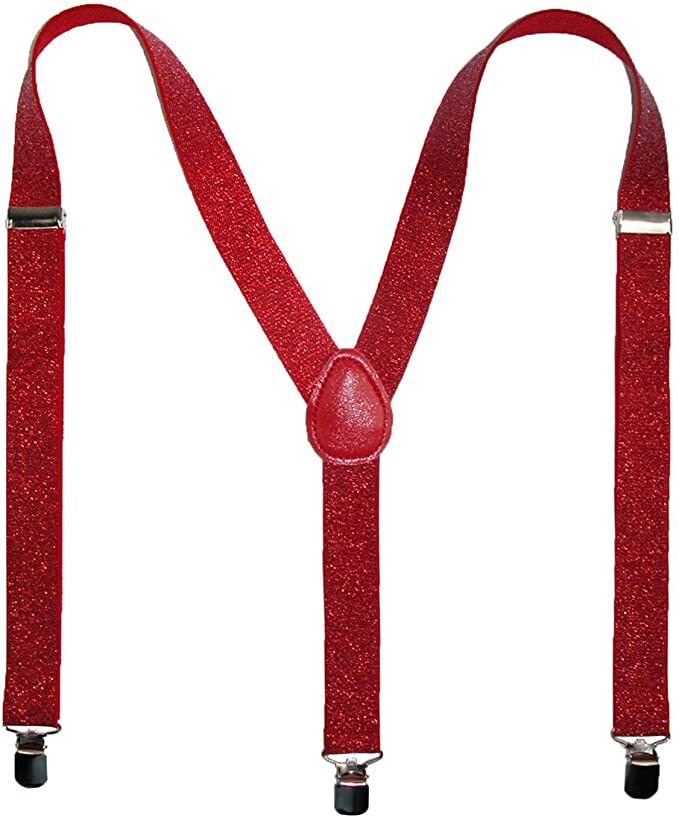 GLITTER SPARKLE SUSPENDERS Braces Clipon Elastic Y-Back Slim Adjustable  - Red (Glitter)