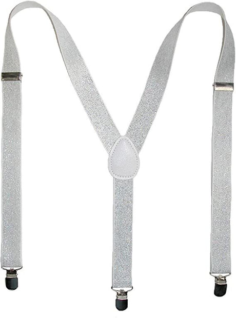 GLITTER SPARKLE SUSPENDERS Braces Clipon Elastic Y-Back Slim Adjustable  - White (Glitter)