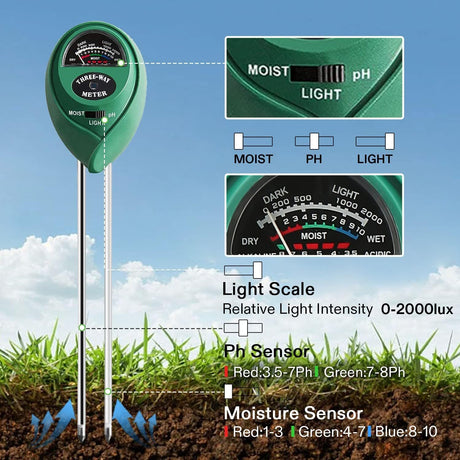 3 in 1 Soil Moisture Meter Sunlight PH Sensor Lawn Plant Hygrometer Test