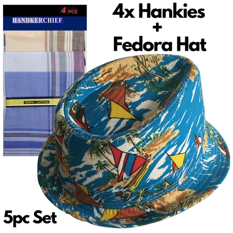 5pc Set Mens 100% Cotton Handkerchief + Hawaiian Hat Trilby Fedora Summer Cap