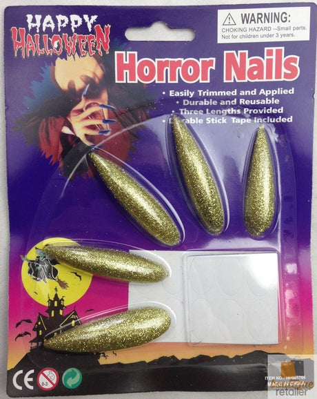 10x Long GLITTER HORROR NAILS Halloween Party Costume Accessory Vampire Witch - Silver