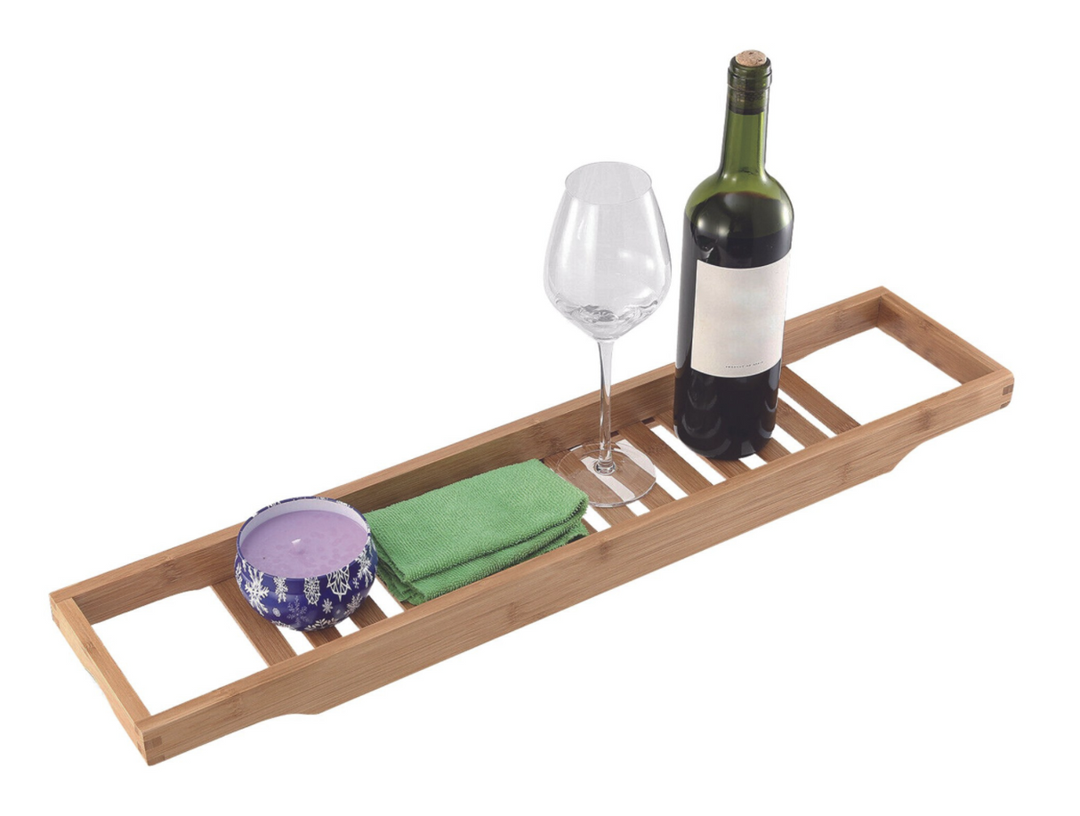 Bathroom Bamboo Bath Caddy Book Wine Glass Holder Tray Over Bathtub Rack Support