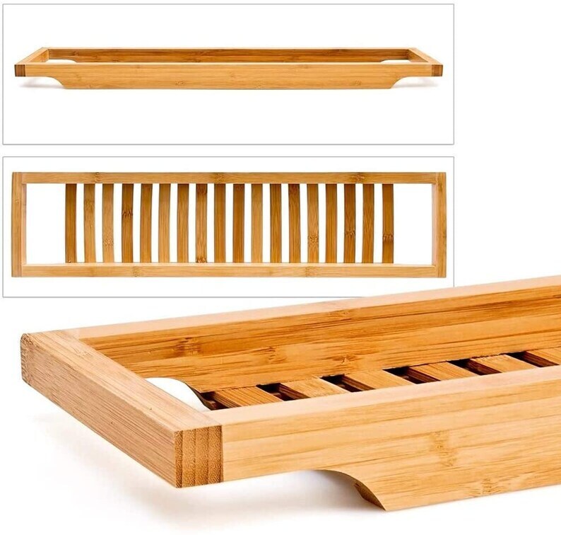 Bathroom Bamboo Bath Caddy Book Wine Glass Holder Tray Over Bathtub Rack Support