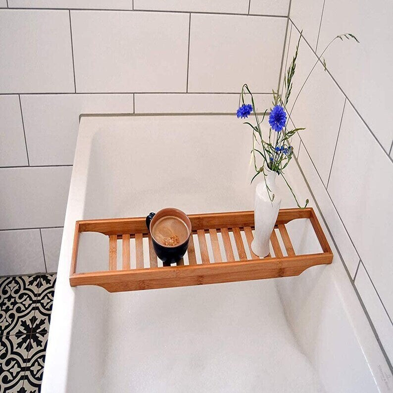 Bathroom Bamboo Bath Caddy Book Wine Glass Holder Tray Over Bathtub Rack Support