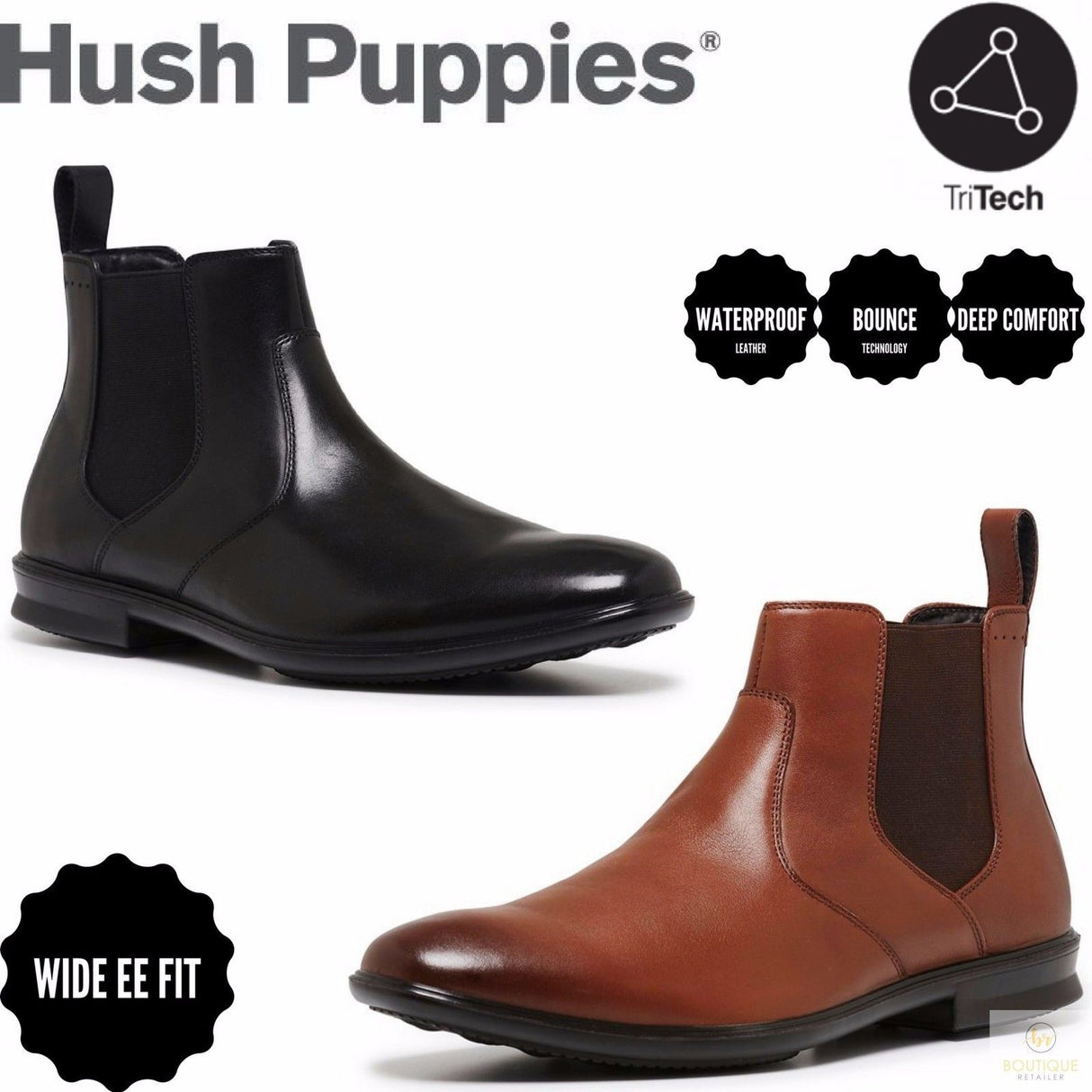 HUSH PUPPIES Carter Leather Boots Shoes Slip On Extra Wide Waterproof Chelsea