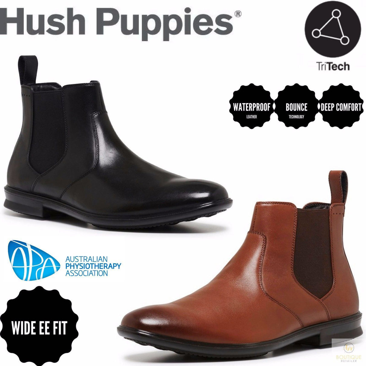 HUSH PUPPIES Carter Leather Boots Shoes Slip On Extra Wide Waterproof Chelsea