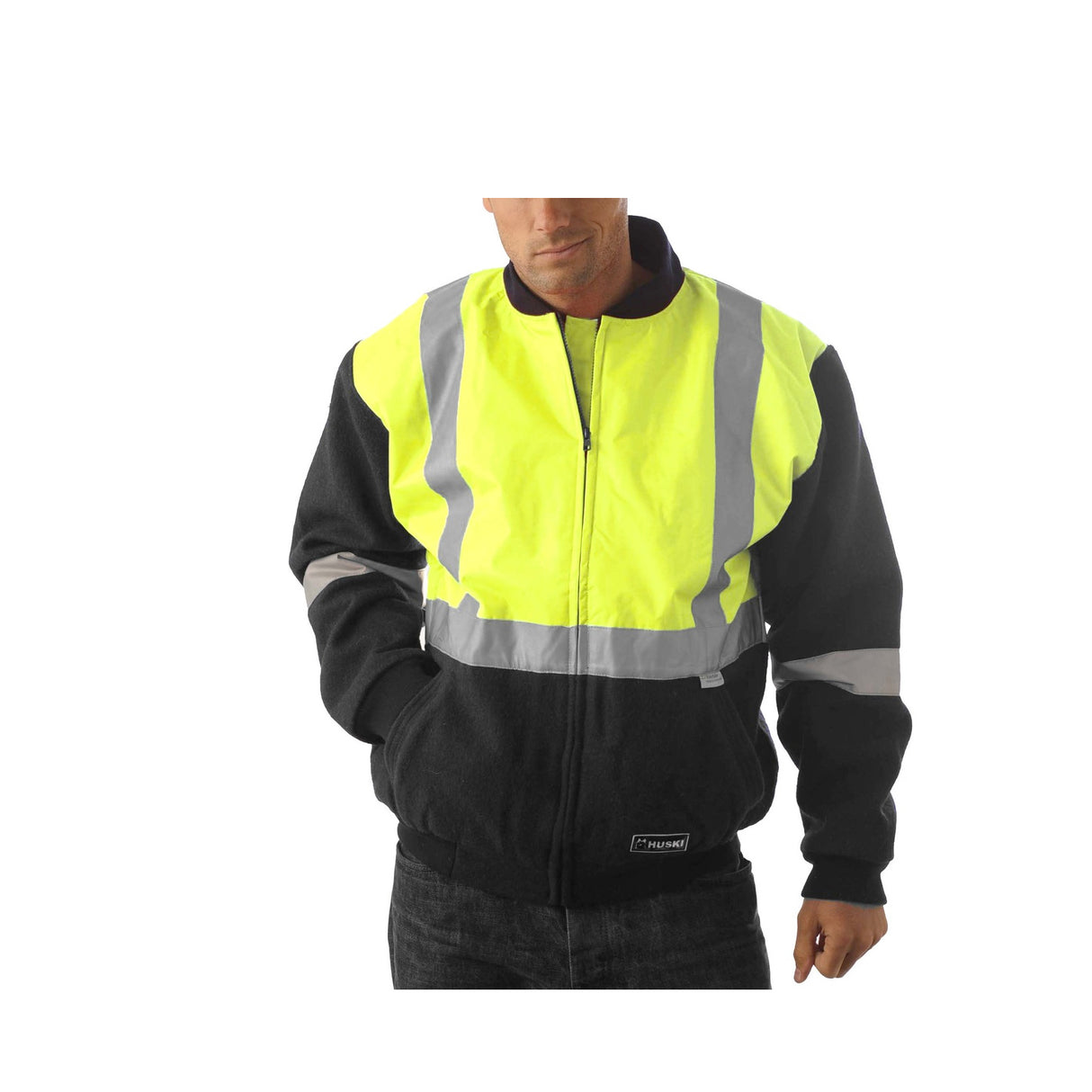 HUSKI Site Mens Hi Vis Wool Blend Bomber Jacket 3M Reflective Tape High Visibility