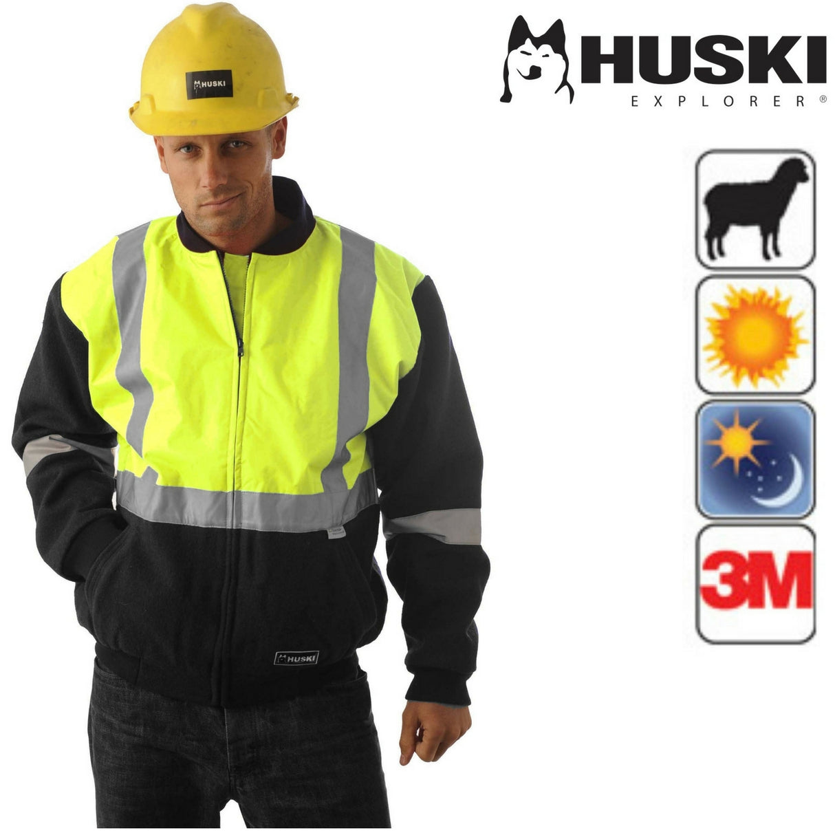 HUSKI Site Mens Hi Vis Wool Blend Bomber Jacket 3M Reflective Tape High Visibility